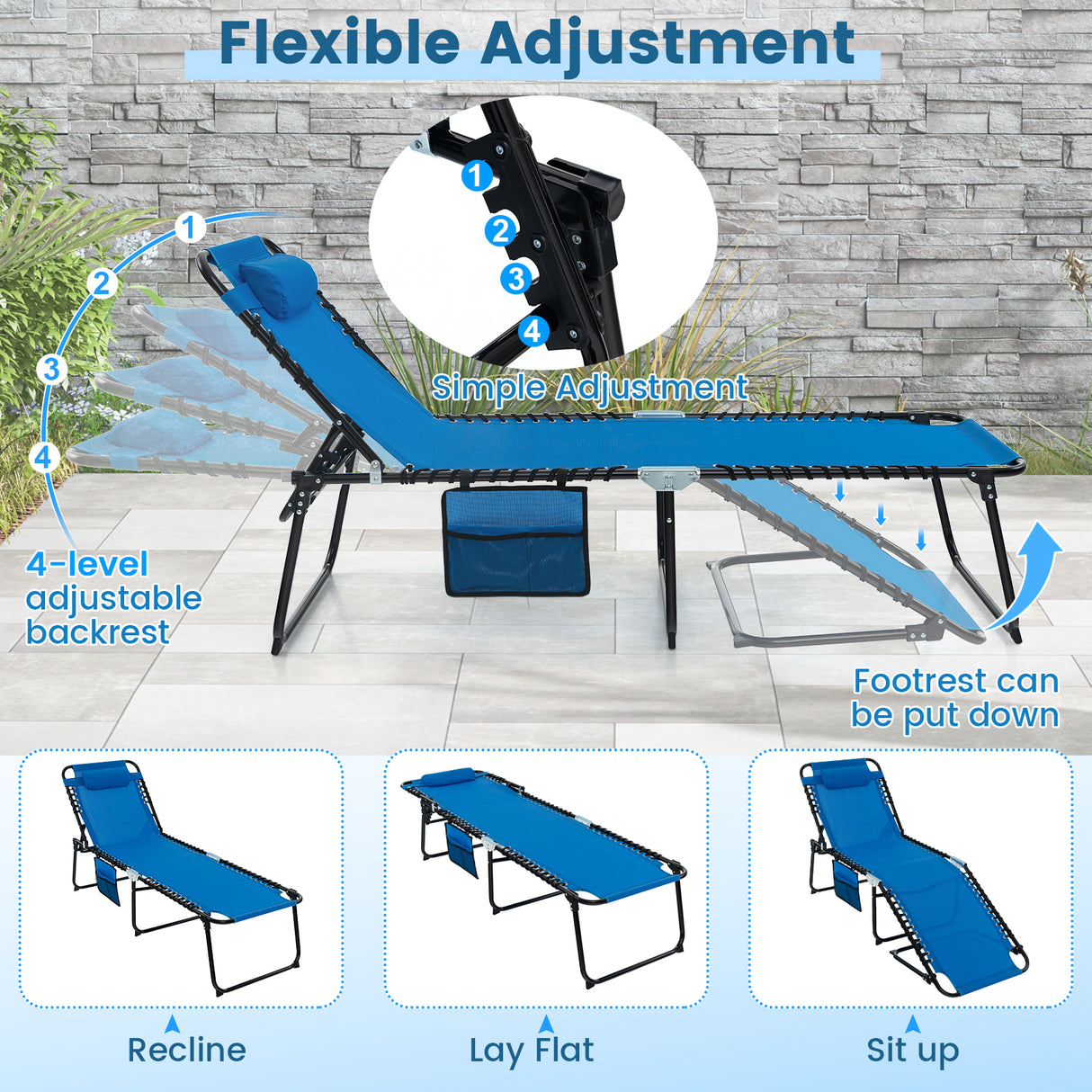 Foldable Recline Lounge Chair with Adjustable Backrest and Footrest-Gray