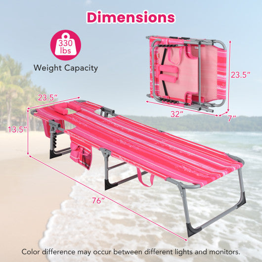 Folding Beach Lounge Chair with Pillow for Outdoor-Pink and White