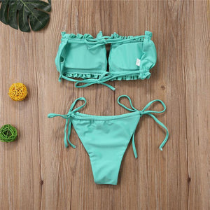 Folds Bikini Women Swimwear Bathing Suit Women's Ruffle Tie Side Bikini Set High Cut Strapless Padded Solid Bathing Suit Bikini Micro Swimsuit Female Push up Two-Piece Suit Summer