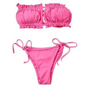 Folds Bikini Women Swimwear Bathing Suit Women's Ruffle Tie Side Bikini Set High Cut Strapless Padded Solid Bathing Suit Bikini Micro Swimsuit Female Push up Two-Piece Suit Summer