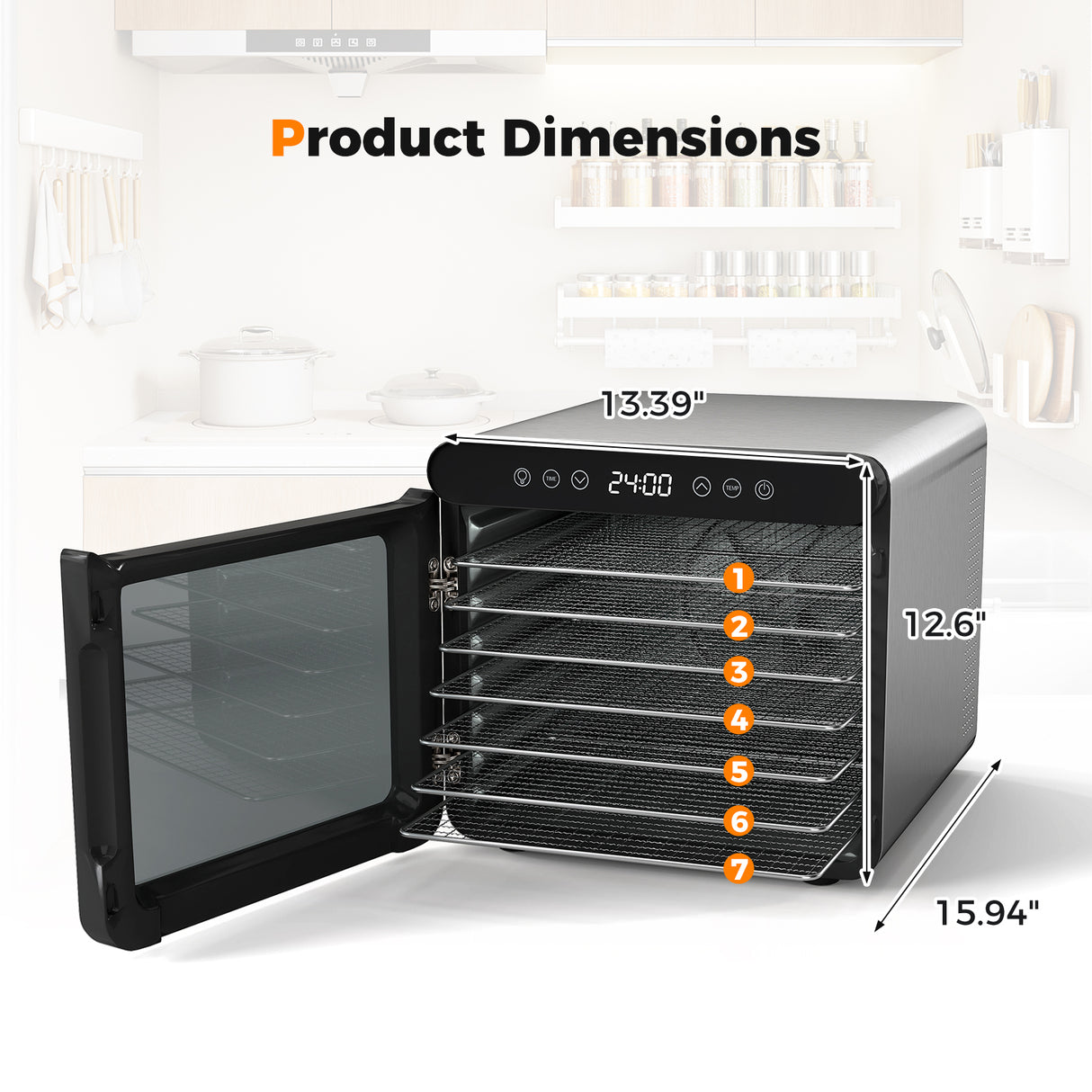 7 Stainless Steel Trays Dryer with 1-24H Timer and 30-75 „ƒ Temperature-Silver