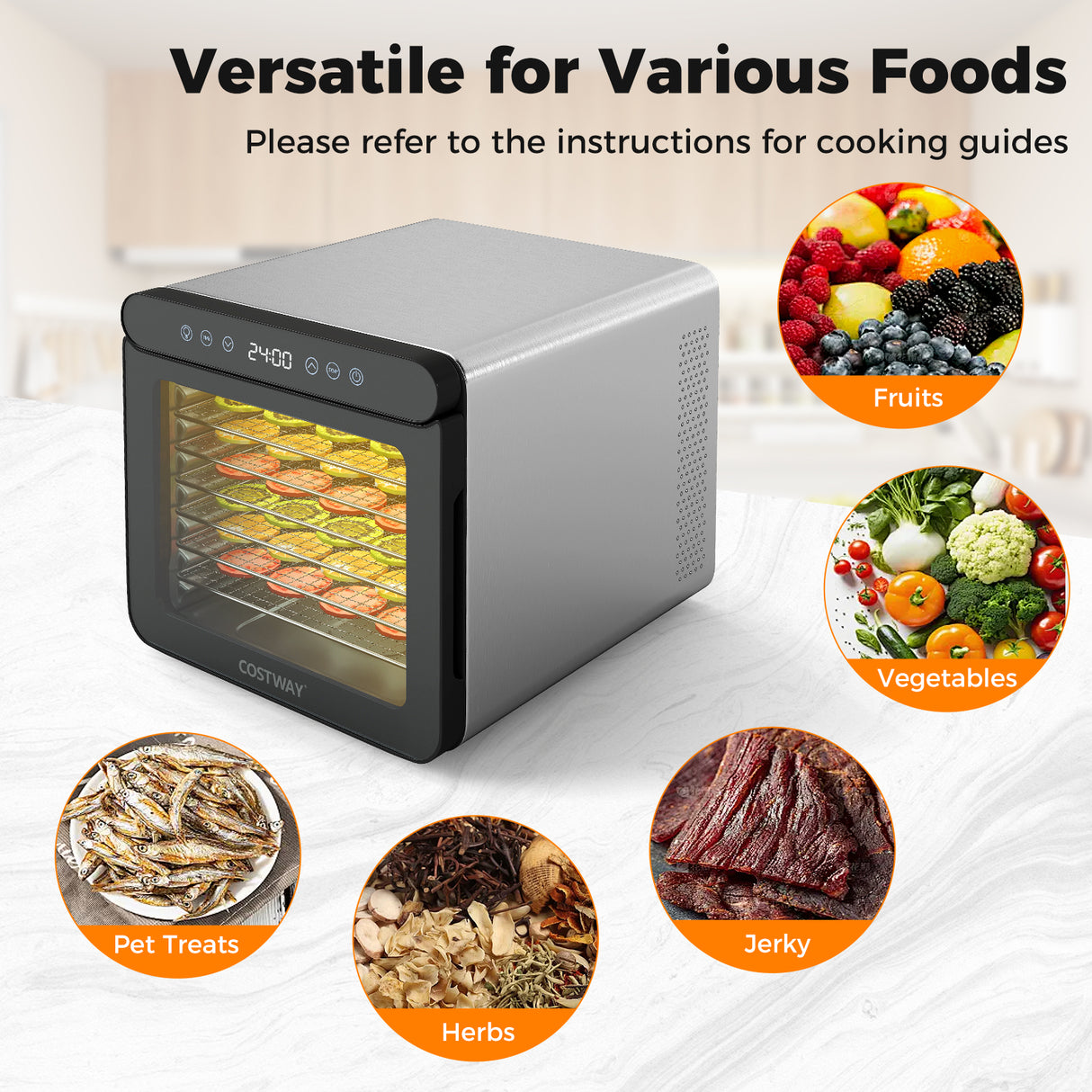 7 Stainless Steel Trays Dryer with 1-24H Timer and 30-75 „ƒ Temperature-Silver