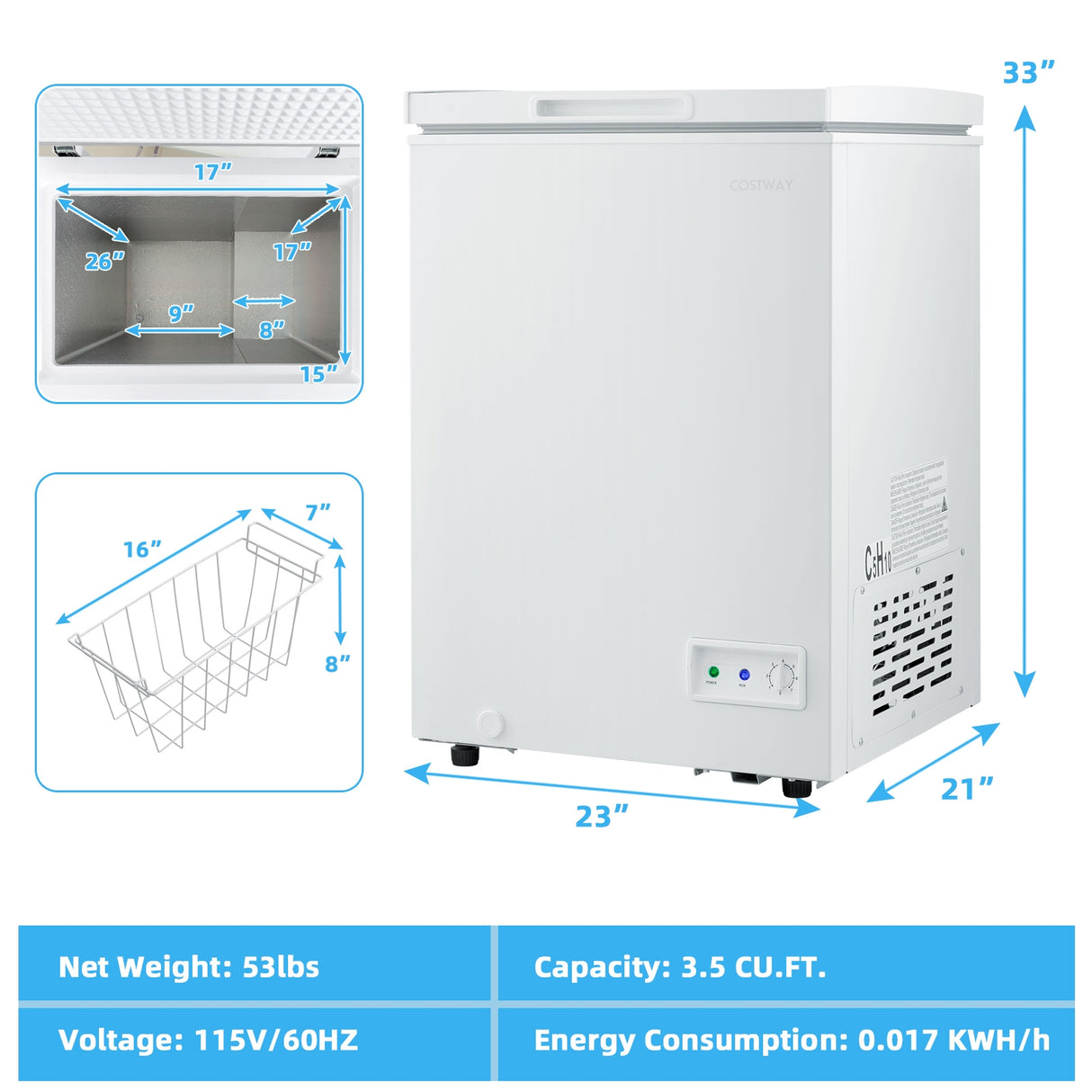 3.5/5 Cu.ft Compact Chest Freezer with Removable Storage Basket-5 Cubic Feet