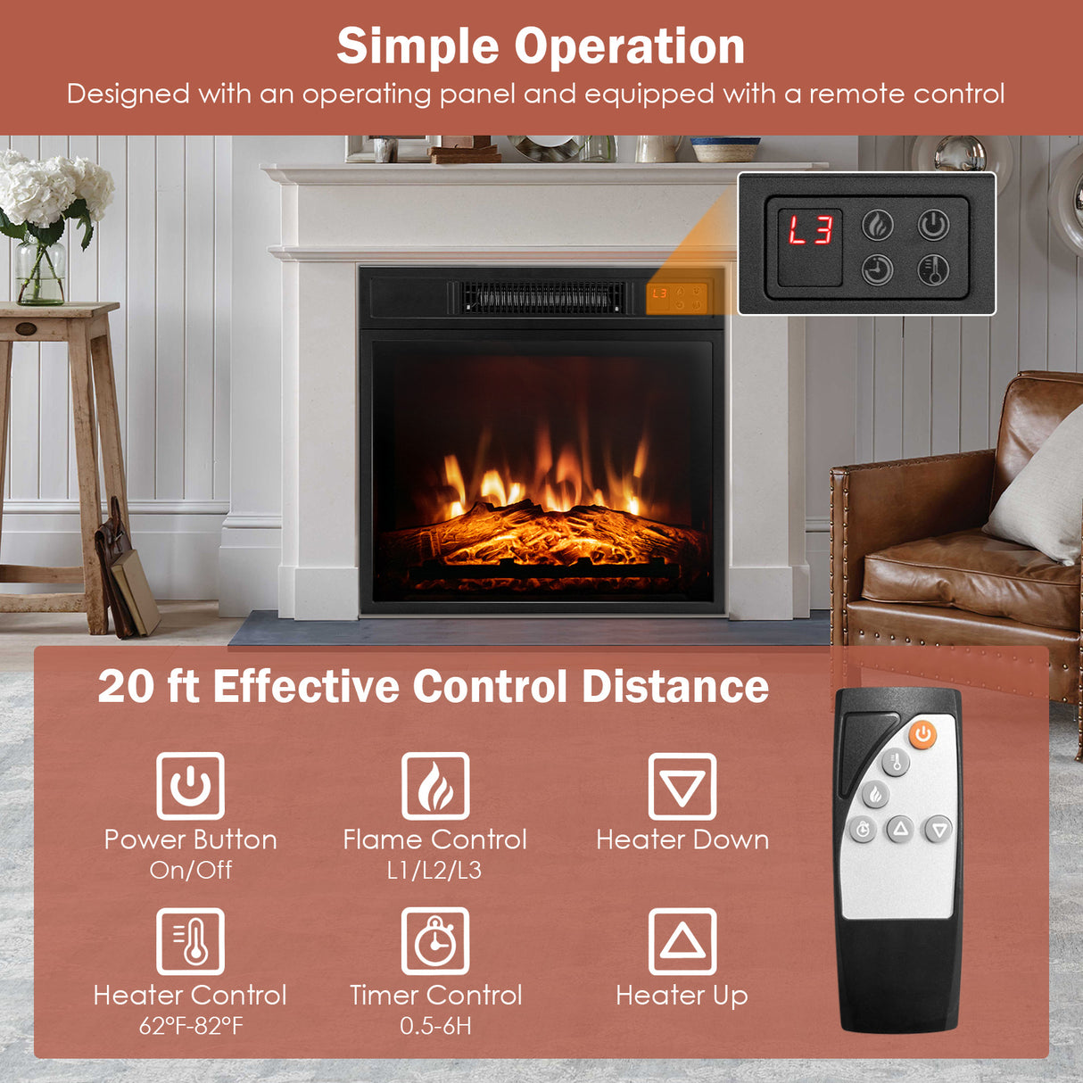 18 Inch Electric Fireplace Inserted with Adjustable LED Flame