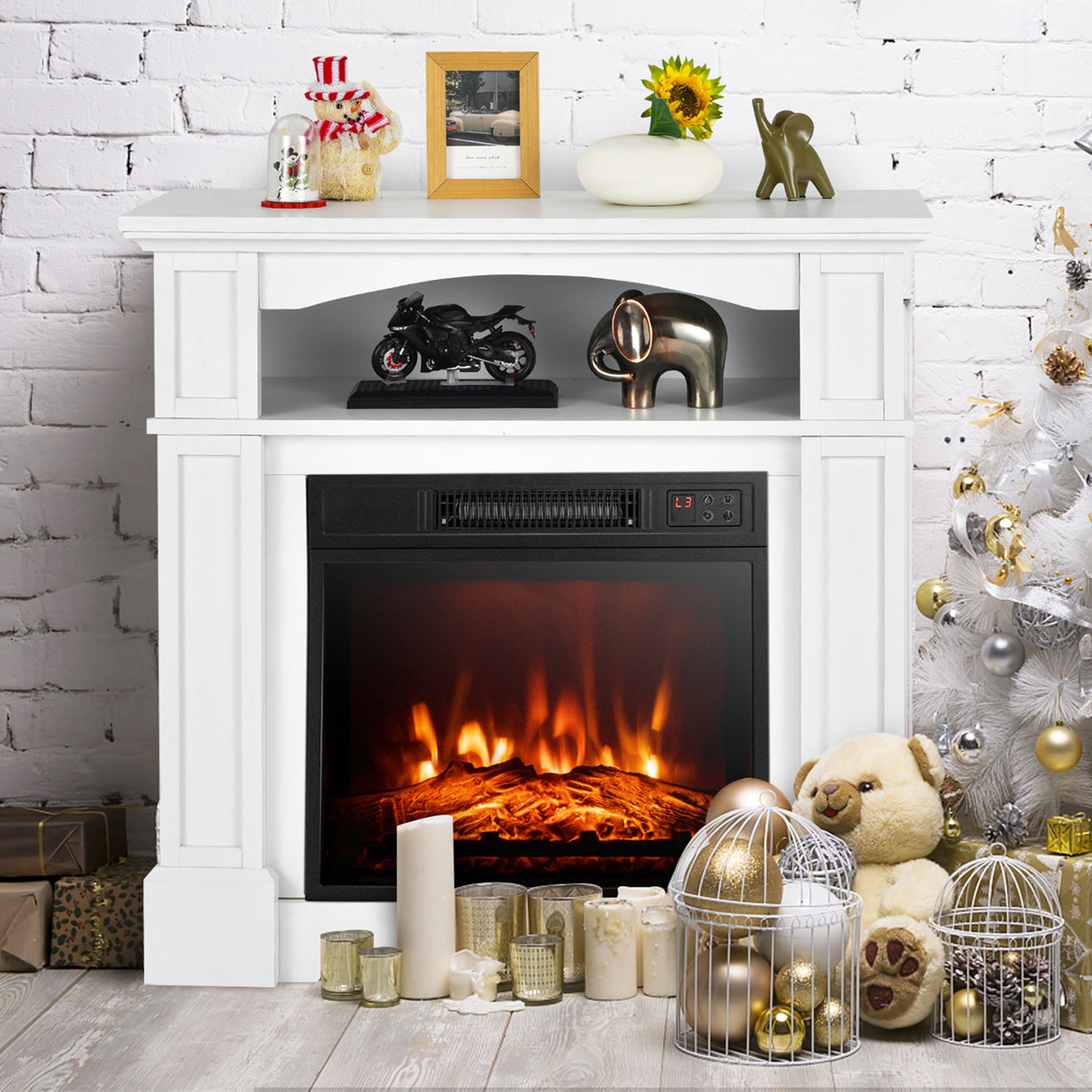 18 Inch 1400W Electric TV Stand Fireplace with Shelf-Natural