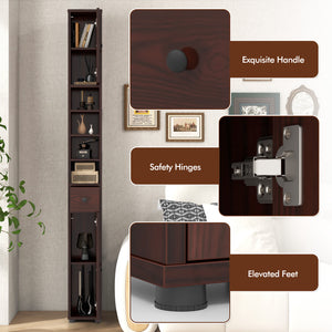 Freestanding Slim Bathroom Cabinet with Drawer and Adjustable Shelves-Brown