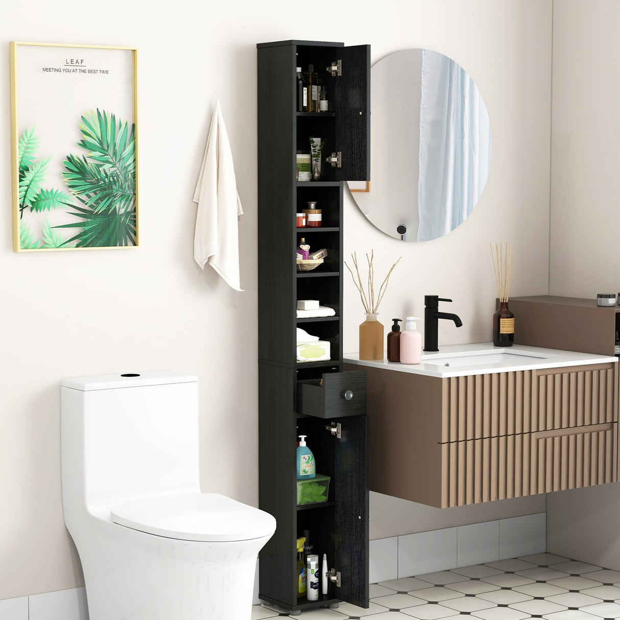 Freestanding Slim Bathroom Cabinet with Drawer and Adjustable Shelves-Black