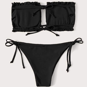 Frill Trim Bandeau Tie Side Bikini Swimsuit