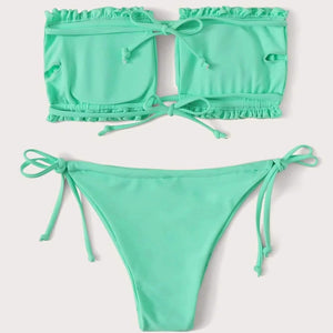 Frill Trim Bandeau Tie Side Bikini Swimsuit