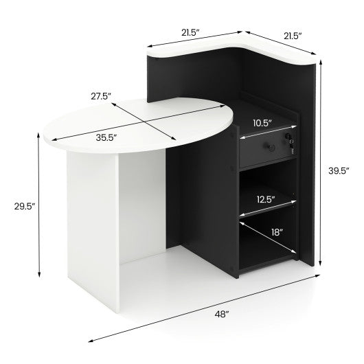 Front Reception Office Desk with Open Shelf and Drawer-Black & White