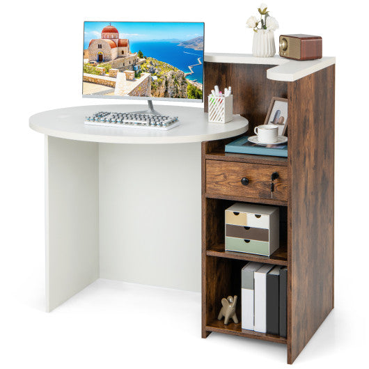 Front Reception Office Desk with Open Shelf and Drawer-Brown & White