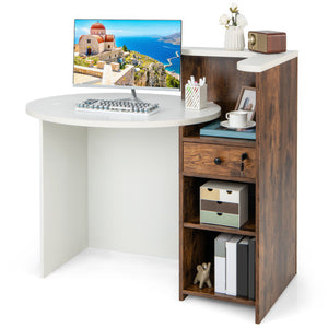 Front Reception Office Desk with Open Shelf and Drawer-Brown & White
