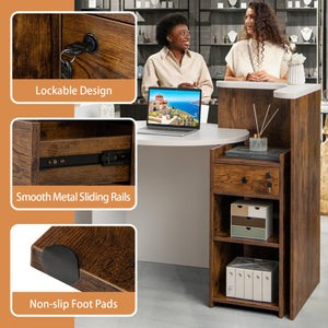 Front Reception Office Desk with Open Shelf and Drawer-Brown & White