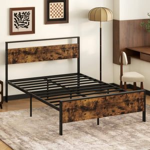 Full Metal Bed Frame Industrial Platform Bed with Wooden Headboard-Full Size