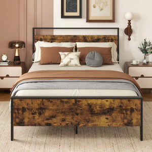 Full Metal Bed Frame Industrial Platform Bed with Wooden Headboard-Full Size