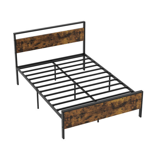 Full Metal Bed Frame Industrial Platform Bed with Wooden Headboard-Full Size