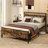 Full Metal Bed Frame Industrial Platform Bed with Wooden Headboard-Full Size