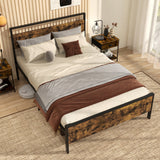 Full Metal Bed Frame Industrial Platform Bed with Wooden Headboard-Full Size