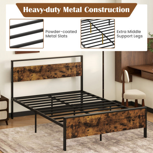 Full Metal Bed Frame Industrial Platform Bed with Wooden Headboard-Full Size