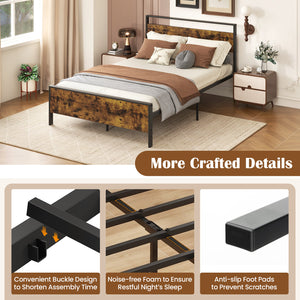 Full Metal Bed Frame Industrial Platform Bed with Wooden Headboard-Full Size