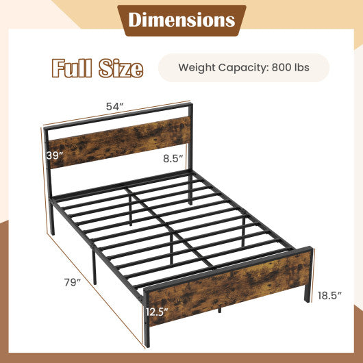 Full Metal Bed Frame Industrial Platform Bed with Wooden Headboard-Full Size
