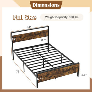 Full Metal Bed Frame Industrial Platform Bed with Wooden Headboard-Full Size