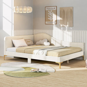 Full/Twin Size Upholstered Daybed with Metal Legs and Wood Slats-Full Size