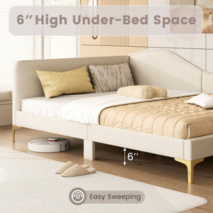 Full/Twin Size Upholstered Daybed with Metal Legs and Wood Slats-Full Size