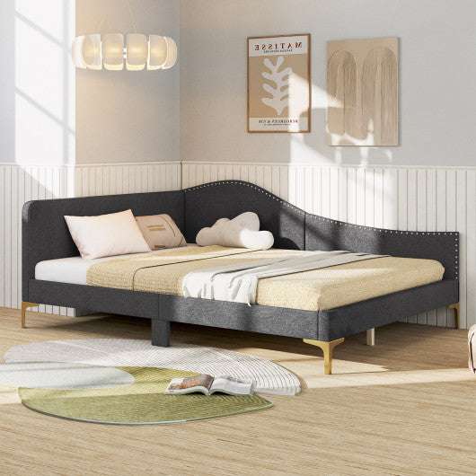 Full/Twin Size Rivet-Tufted Platform Bed with Metal Legs and Wood Slats-Full Size