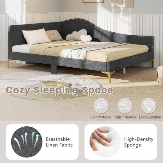 Full/Twin Size Rivet-Tufted Platform Bed with Metal Legs and Wood Slats-Full Size