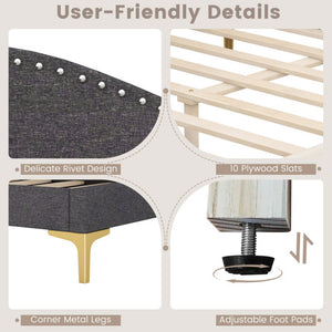 Full/Twin Size Rivet-Tufted Platform Bed with Metal Legs and Wood Slats-Full Size