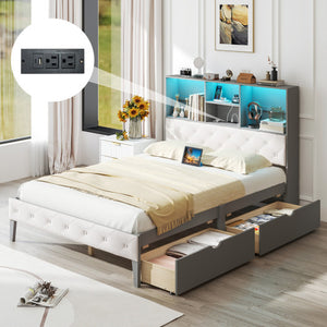 Full Size Bed Frame with Bookcase Headboard and LED Lights-Gray