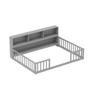Full Size Montessori Floor Bed with Bookcase-Gray