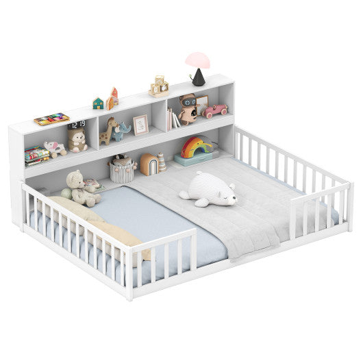 Full Size Montessori Floor Bed with Bookcase-White