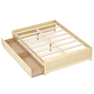 Full Size Wooden Bed Frame with 2 Rolling Storage Drawers-Natural