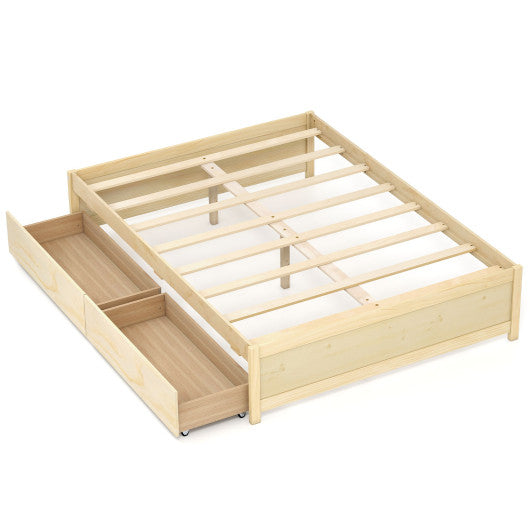 Full Size Wooden Bed Frame with 2 Rolling Storage Drawers-Natural