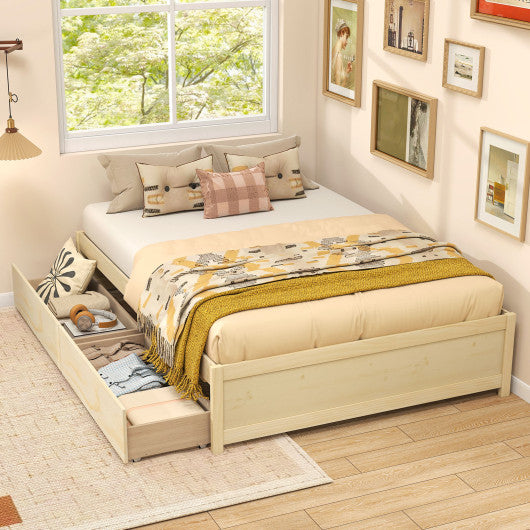 Full Size Wooden Bed Frame with 2 Rolling Storage Drawers-Natural