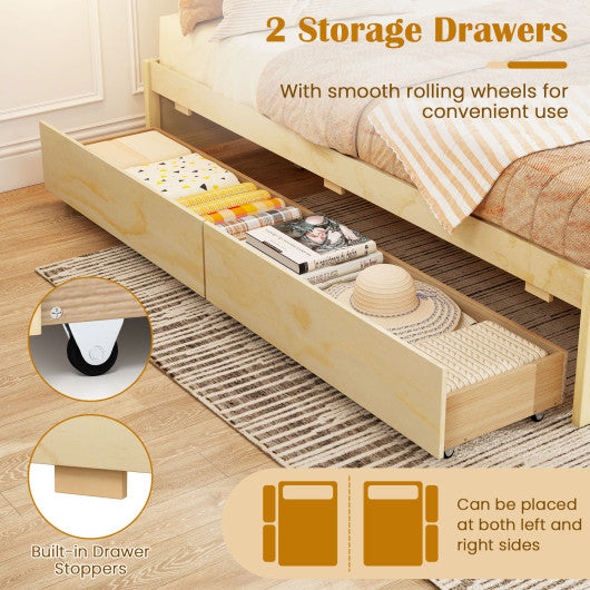 Full Size Wooden Bed Frame with 2 Rolling Storage Drawers-Natural