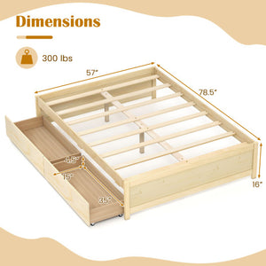 Full Size Wooden Bed Frame with 2 Rolling Storage Drawers-Natural