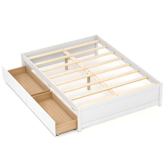 Full Size Wooden Bed Frame with 2 Rolling Storage Drawers-White