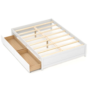 Full Size Wooden Bed Frame with 2 Rolling Storage Drawers-White