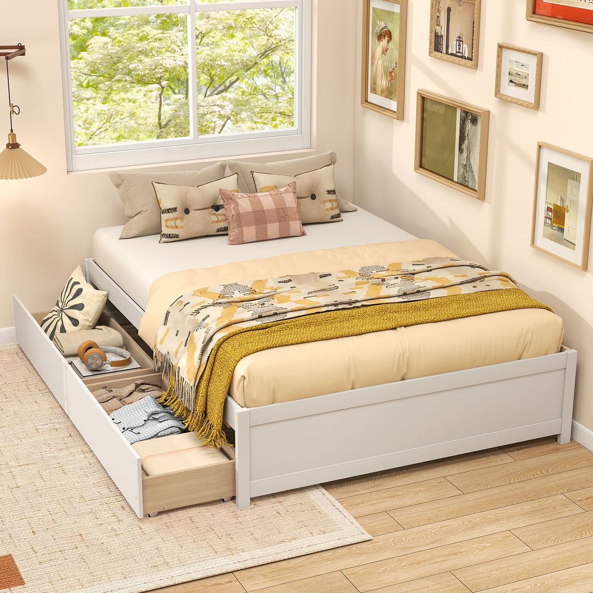 Full Size Wooden Bed Frame with 2 Rolling Storage Drawers-White