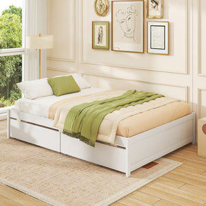 Full Size Wooden Bed Frame with 2 Rolling Storage Drawers-White