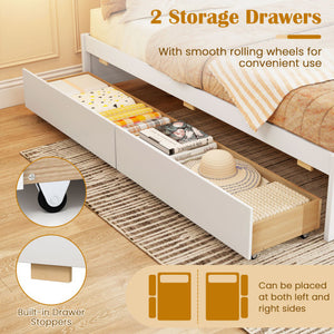 Full Size Wooden Bed Frame with 2 Rolling Storage Drawers-White