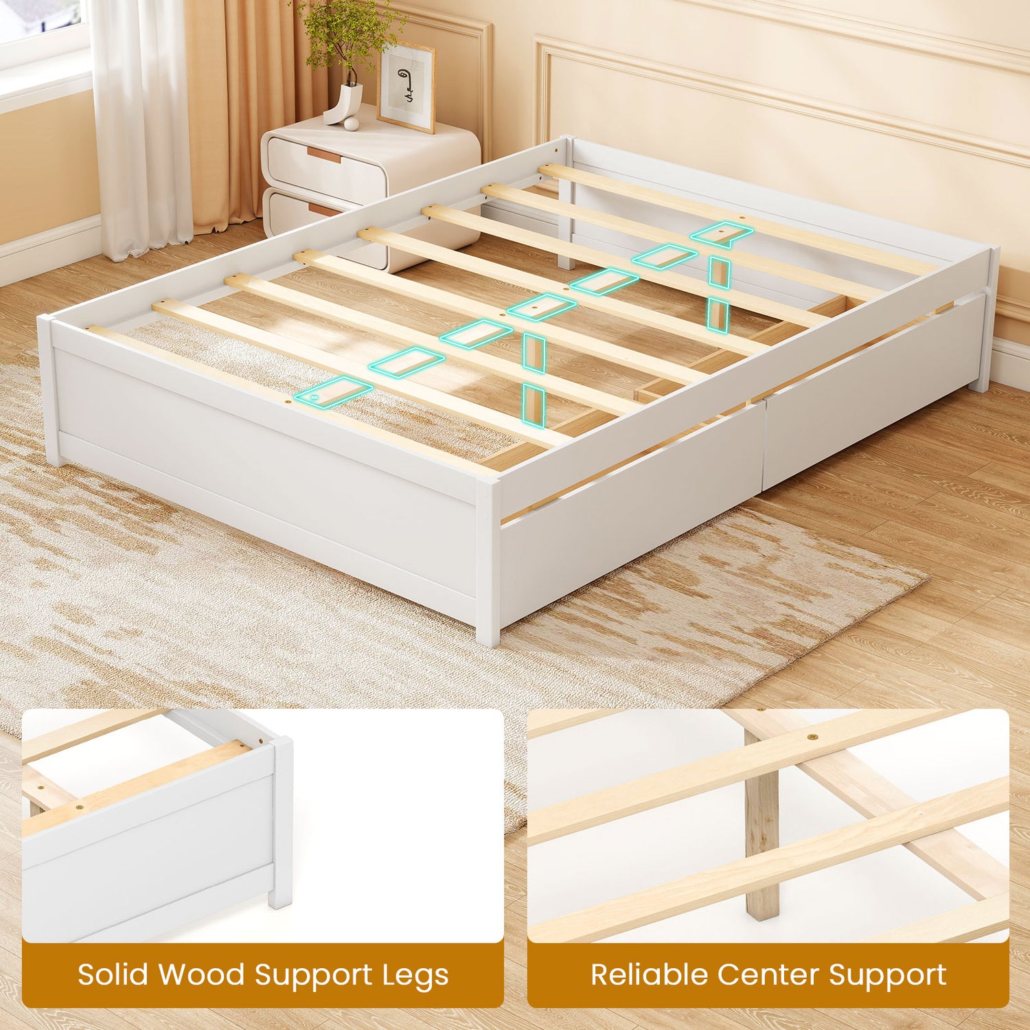 Full Size Wooden Bed Frame with 2 Rolling Storage Drawers-White