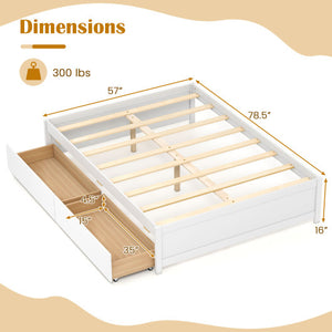 Full Size Wooden Bed Frame with 2 Rolling Storage Drawers-White
