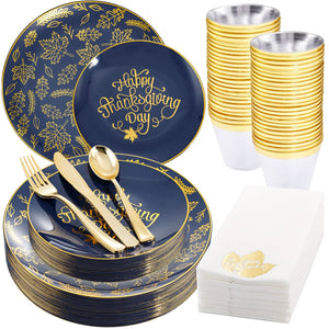 Morejoy 175PCS Thanksgiving Plastic Plates Blue Gold Thanksgiving Dinnerware Sets Include: 25Dinner Plates 25 Salad Plates 25 Silverware Set 25 Napkins Fall Plates Disposable for Thanksgiving Day