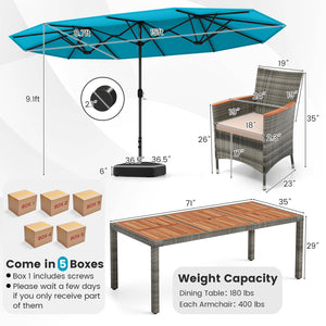 10 Pieces Patio Wicker Dining Set with 15 Feet Double-Sided Patio Umbrella-Turquoise by DirectDeals