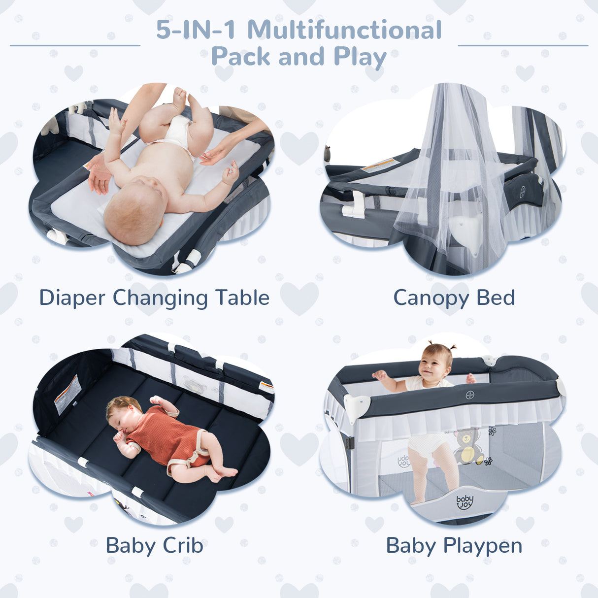 Convertible Bassinet with Removable Changing Table and Detachable Mesh Net-Grey
