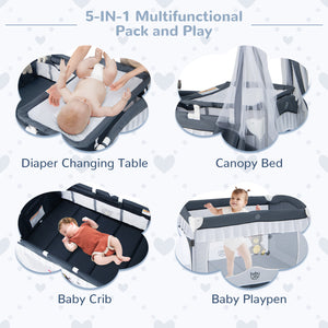 Convertible Bassinet with Removable Changing Table and Detachable Mesh Net-Grey